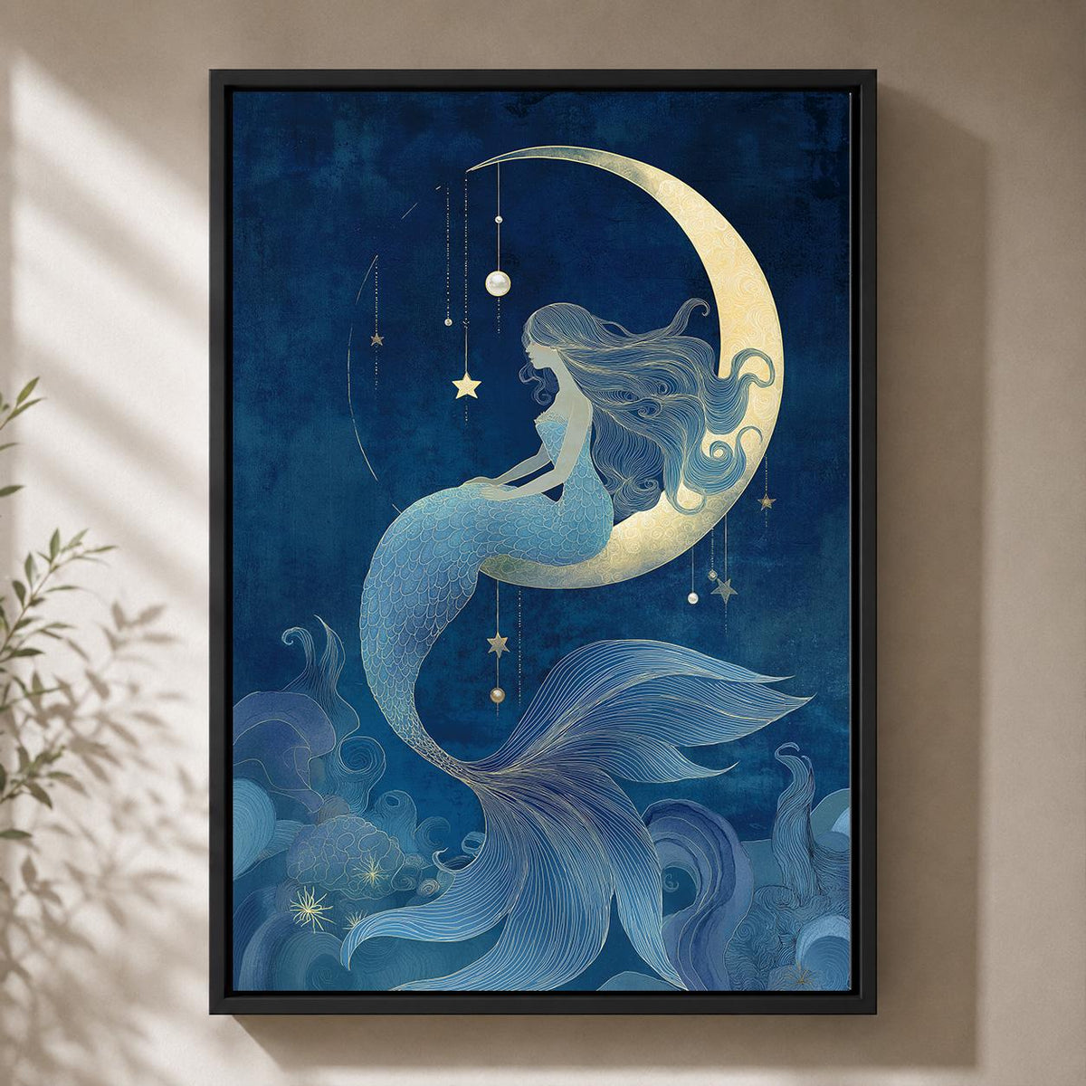 Celestial Mermaid Framed Canvas Art, Moon Fantasy Ocean Decor, Mystic Coastal Artwork by The Wall Art Studio - physical