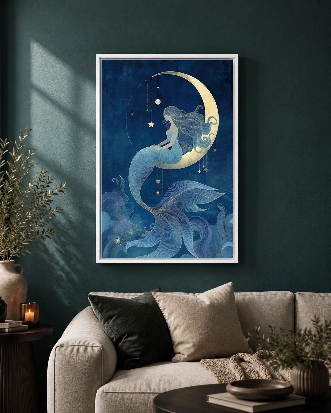 Celestial Mermaid Framed Canvas Art, Moon Fantasy Ocean Decor, Mystic Coastal Artwork by The Wall Art Studio - physical