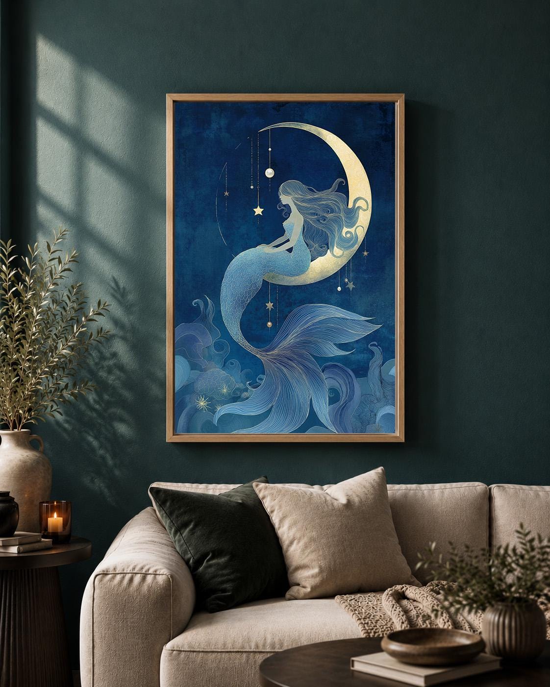 Celestial Mermaid Framed Canvas Art, Moon Fantasy Ocean Decor, Mystic Coastal Artwork by The Wall Art Studio - physical