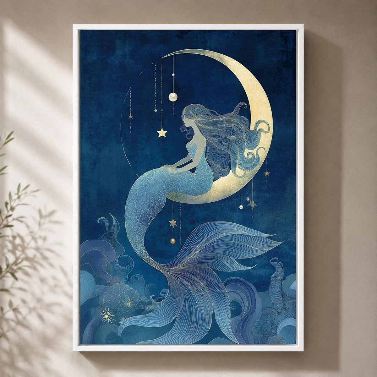 Celestial Mermaid Framed Canvas Art, Moon Fantasy Ocean Decor, Mystic Coastal Artwork by The Wall Art Studio - physical