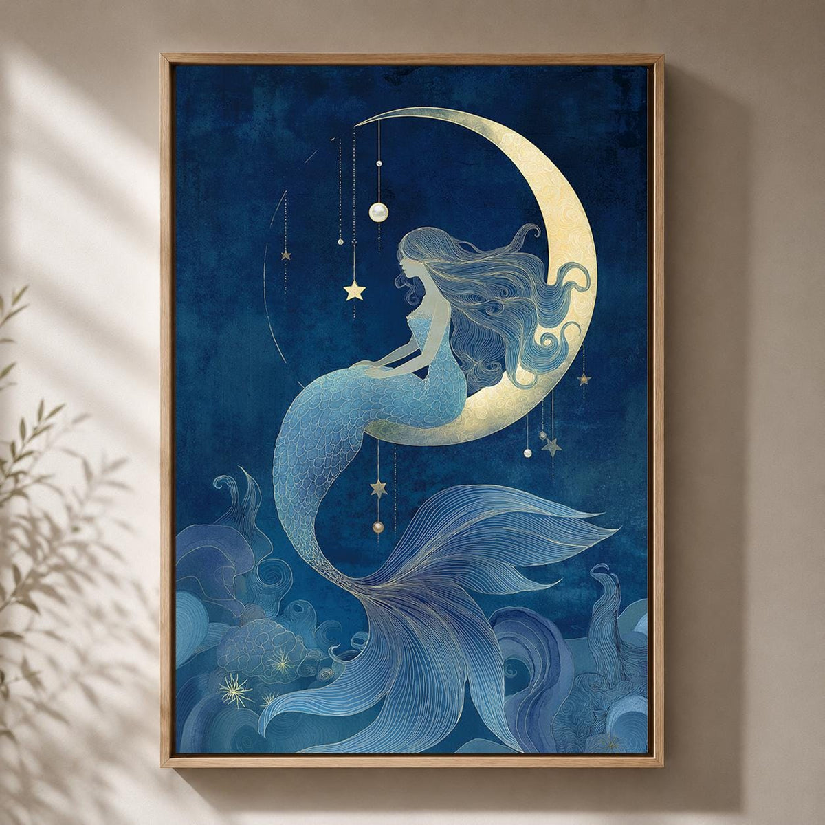 Celestial Mermaid Framed Canvas Art, Moon Fantasy Ocean Decor, Mystic Coastal Artwork by The Wall Art Studio - physical