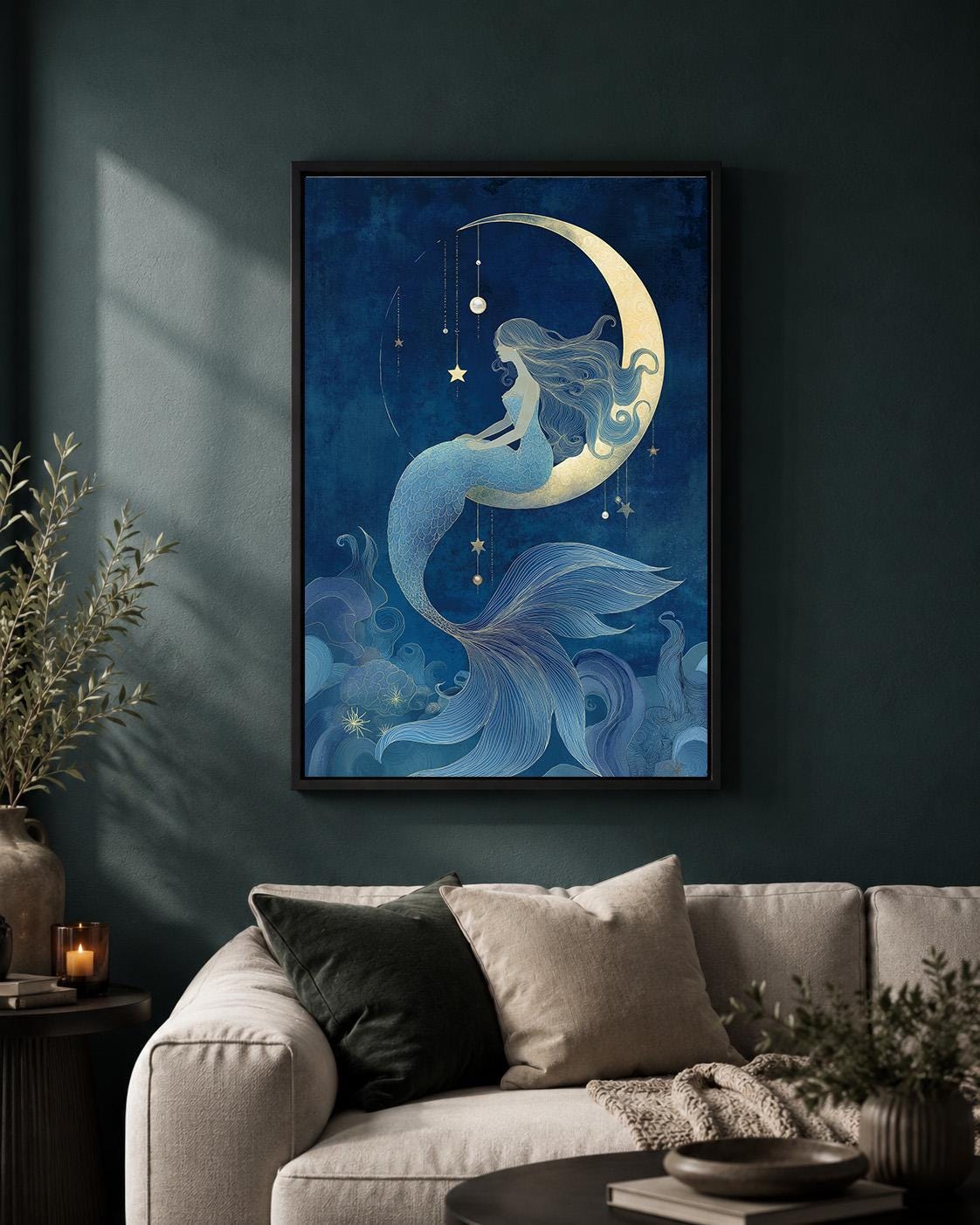 Celestial Mermaid Framed Canvas Art, Moon Fantasy Ocean Decor, Mystic Coastal Artwork by The Wall Art Studio - physical