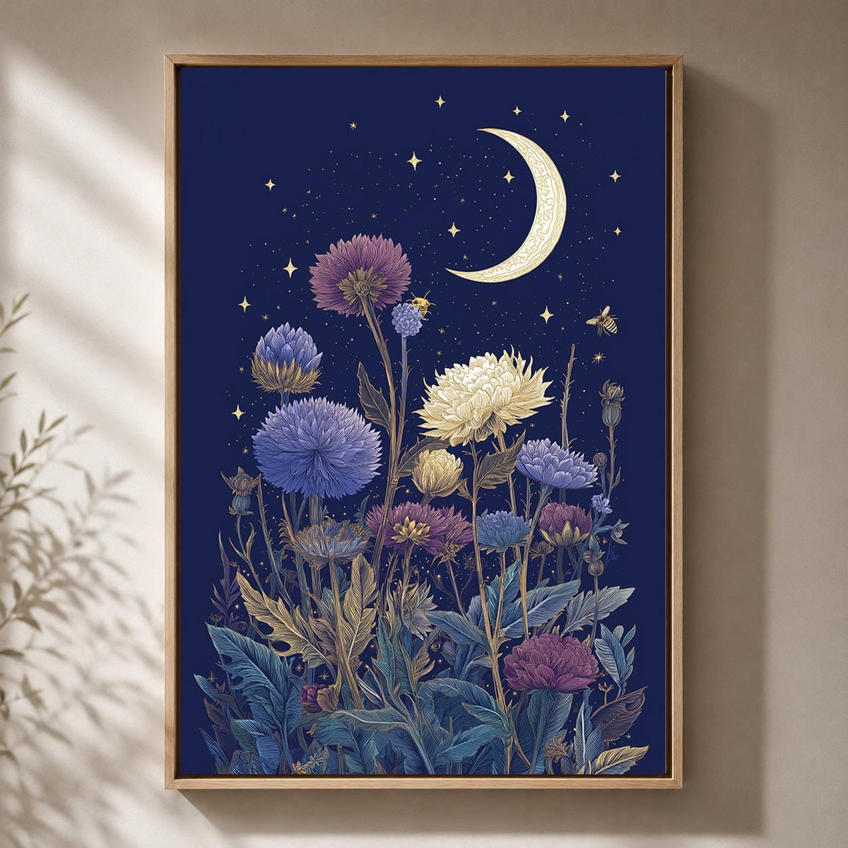 Celestial Midnight Floral Framed Canvas Art, Moon Wildflower Print, Dark Cottagecore Decor by The Wall Art Studio - physical