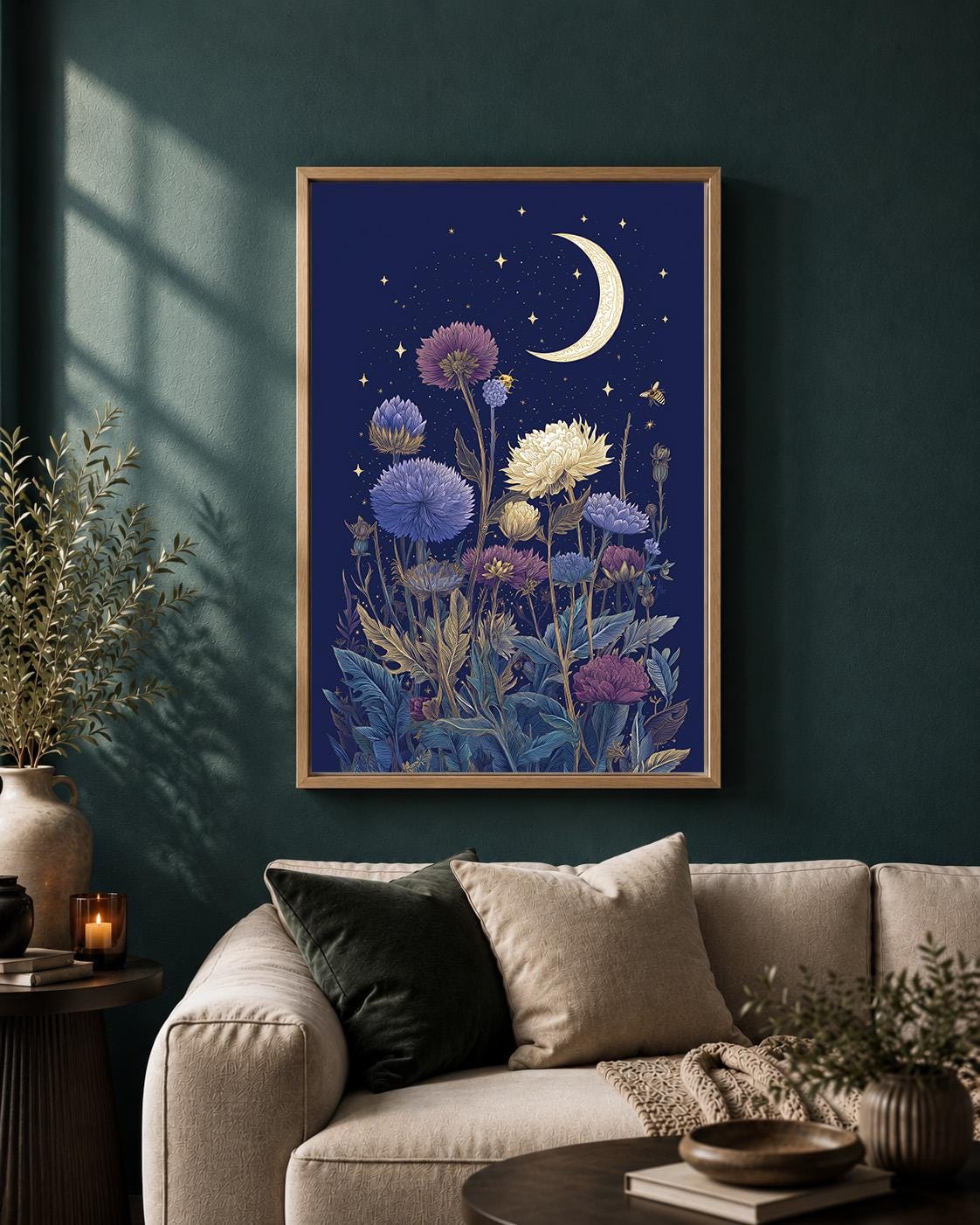 Celestial Midnight Floral Framed Canvas Art, Moon Wildflower Print, Dark Cottagecore Decor by The Wall Art Studio - physical