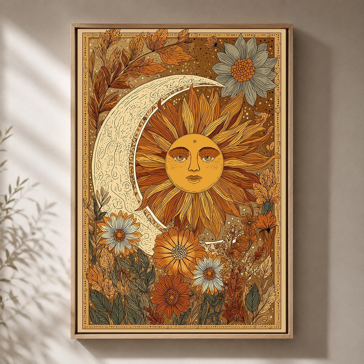 Celestial Sun Moon Framed Canvas Art, Vintage Boho Floral Botanical Print by The Wall Art Studio - physical