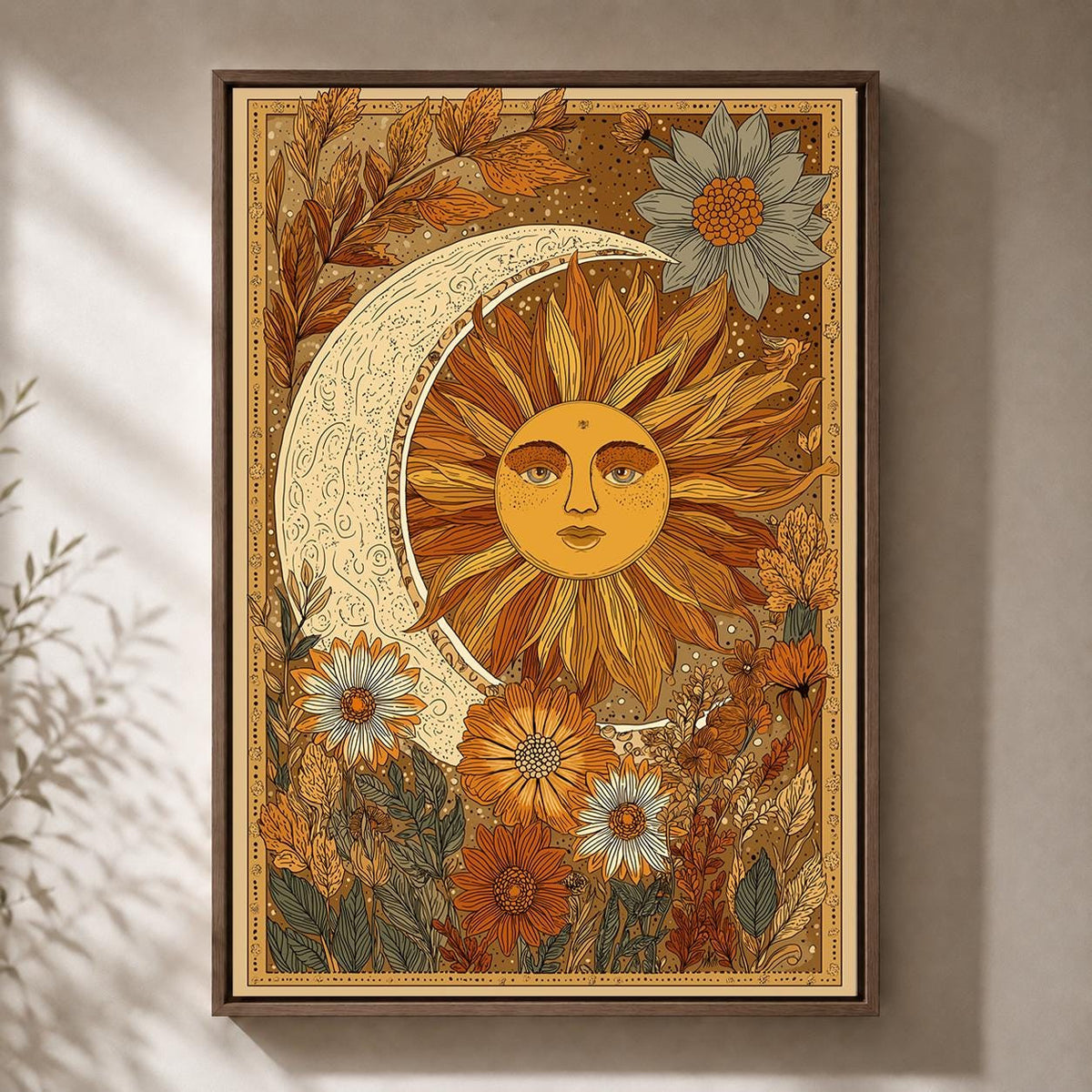 Celestial Sun Moon Framed Canvas Art, Vintage Boho Floral Botanical Print by The Wall Art Studio - physical