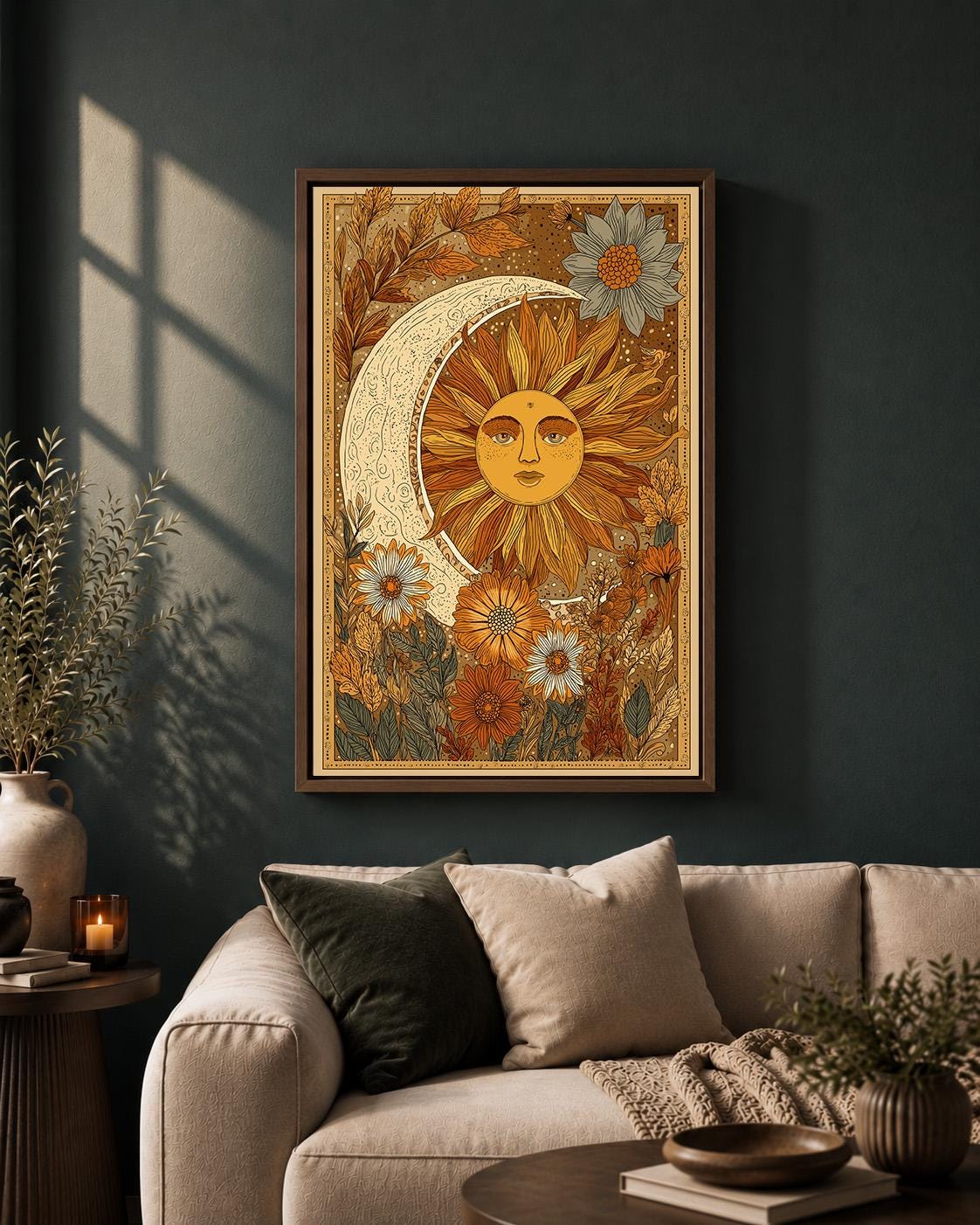 Celestial Sun Moon Framed Canvas Art, Vintage Boho Floral Botanical Print by The Wall Art Studio - physical