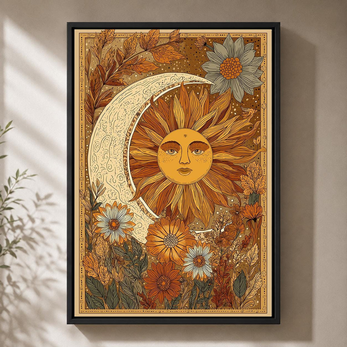 Celestial Sun Moon Framed Canvas Art, Vintage Boho Floral Botanical Print by The Wall Art Studio - physical