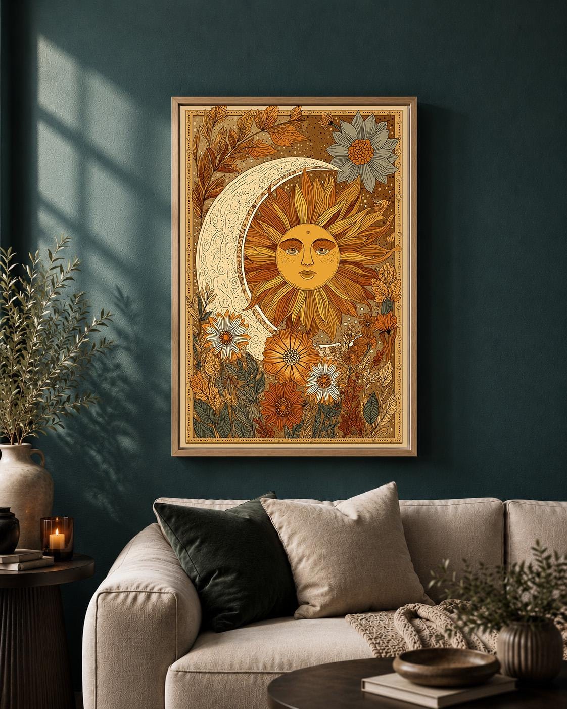 Celestial Sun Moon Framed Canvas Art, Vintage Boho Floral Botanical Print by The Wall Art Studio - physical
