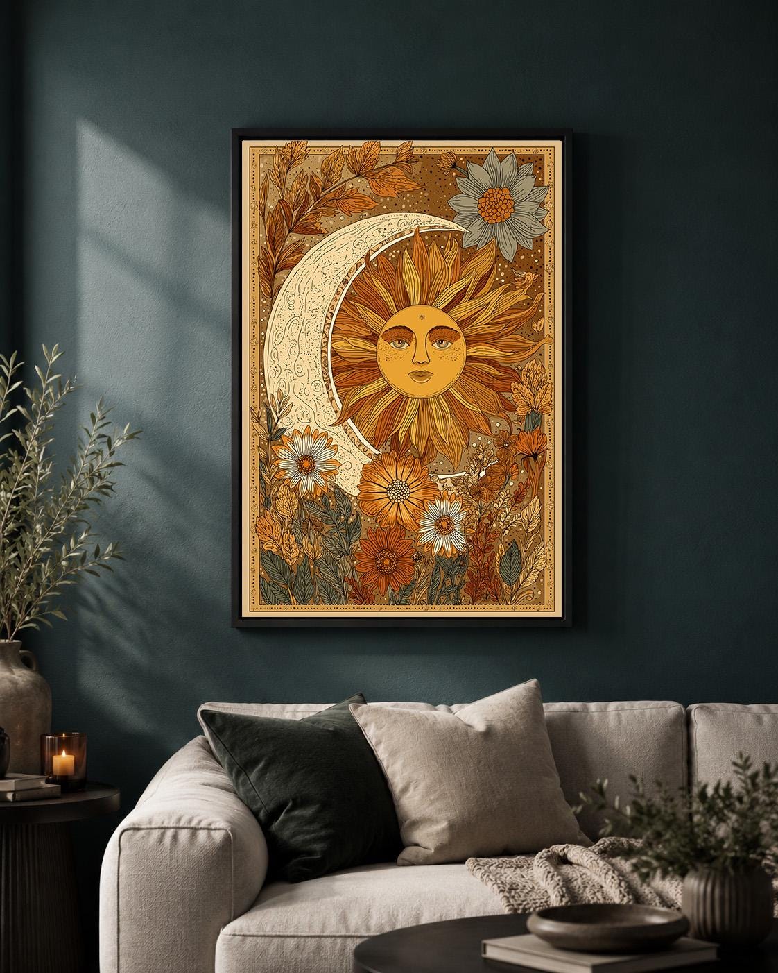 Celestial Sun Moon Framed Canvas Art, Vintage Boho Floral Botanical Print by The Wall Art Studio - physical