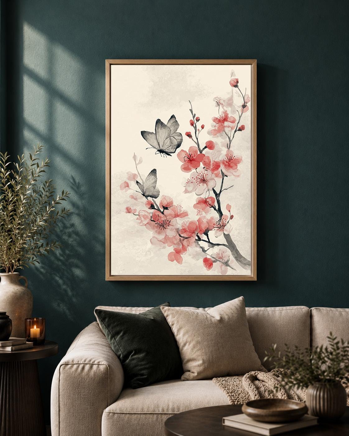 Cherry Blossom Butterfly Framed Canvas, Japandi Floral Wall Art, Soft Pink Asian Decor by The Wall Art Studio - physical