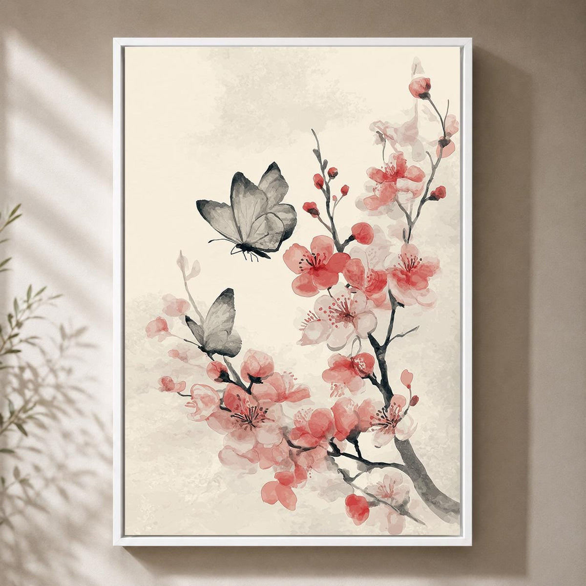 Cherry Blossom Butterfly Framed Canvas, Japandi Floral Wall Art, Soft Pink Asian Decor by The Wall Art Studio - physical
