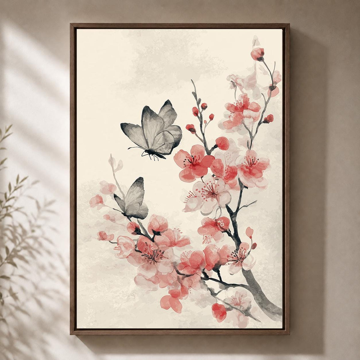 Cherry Blossom Butterfly Framed Canvas, Japandi Floral Wall Art, Soft Pink Asian Decor by The Wall Art Studio - physical
