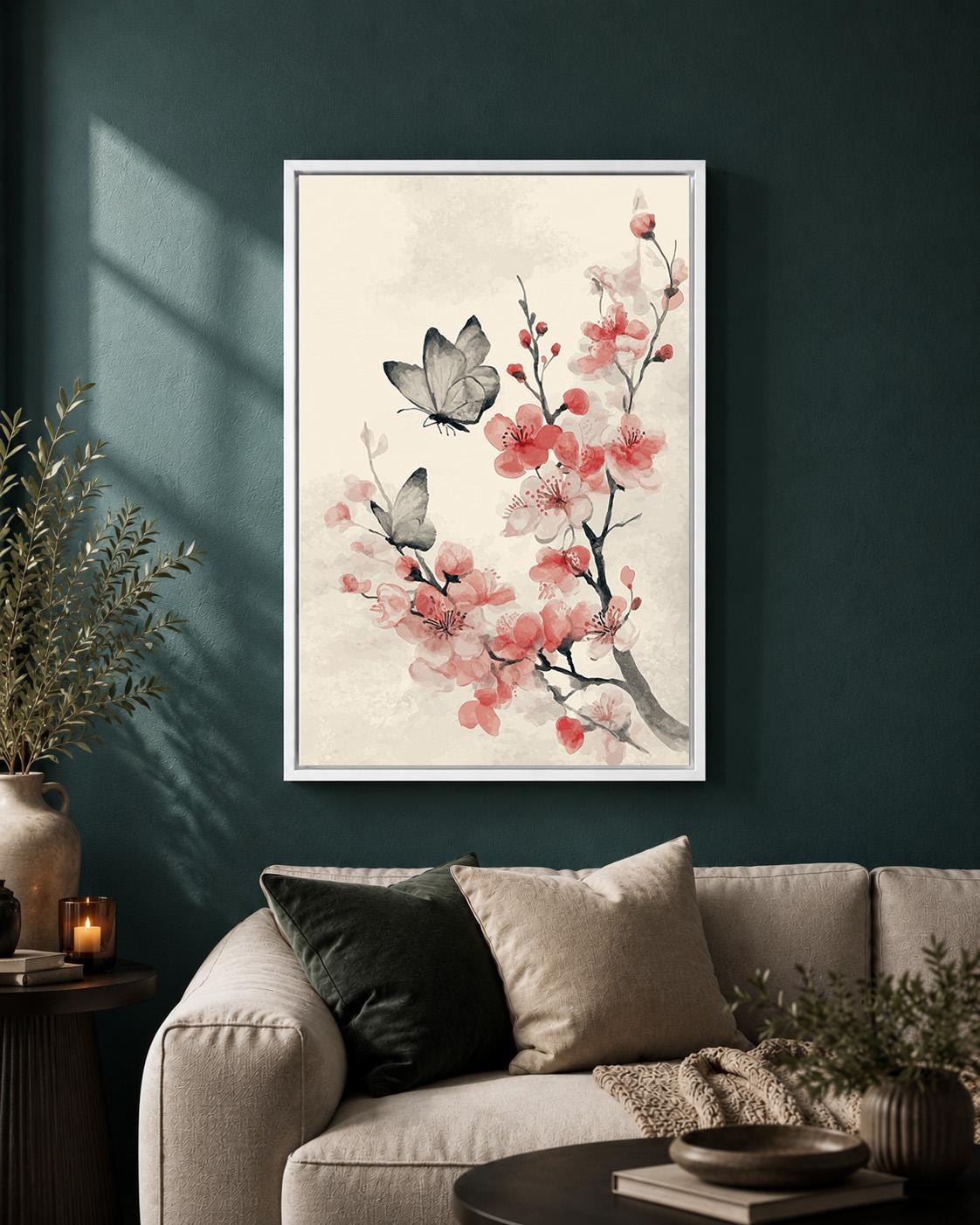 Cherry Blossom Butterfly Framed Canvas, Japandi Floral Wall Art, Soft Pink Asian Decor by The Wall Art Studio - physical