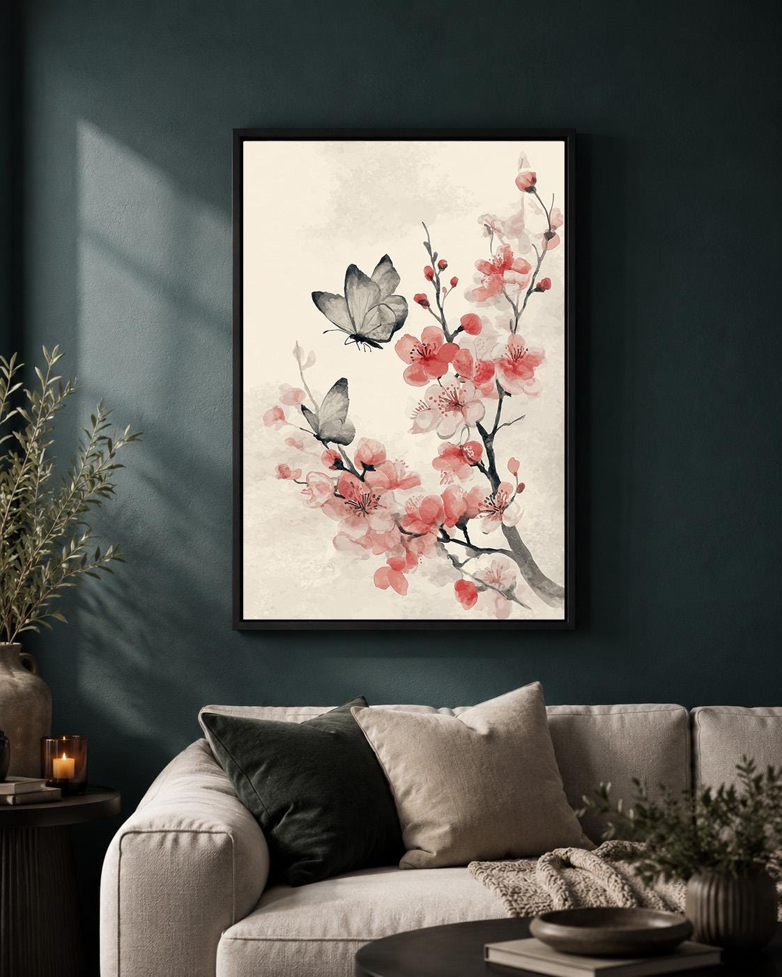 Cherry Blossom Butterfly Framed Canvas, Japandi Floral Wall Art, Soft Pink Asian Decor by The Wall Art Studio - physical