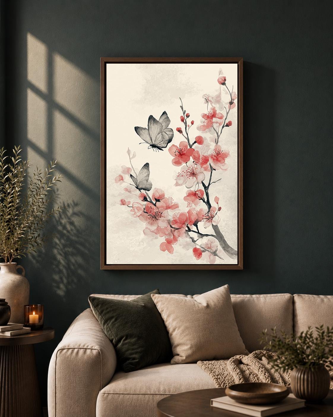 Cherry Blossom Butterfly Framed Canvas, Japandi Floral Wall Art, Soft Pink Asian Decor by The Wall Art Studio - physical