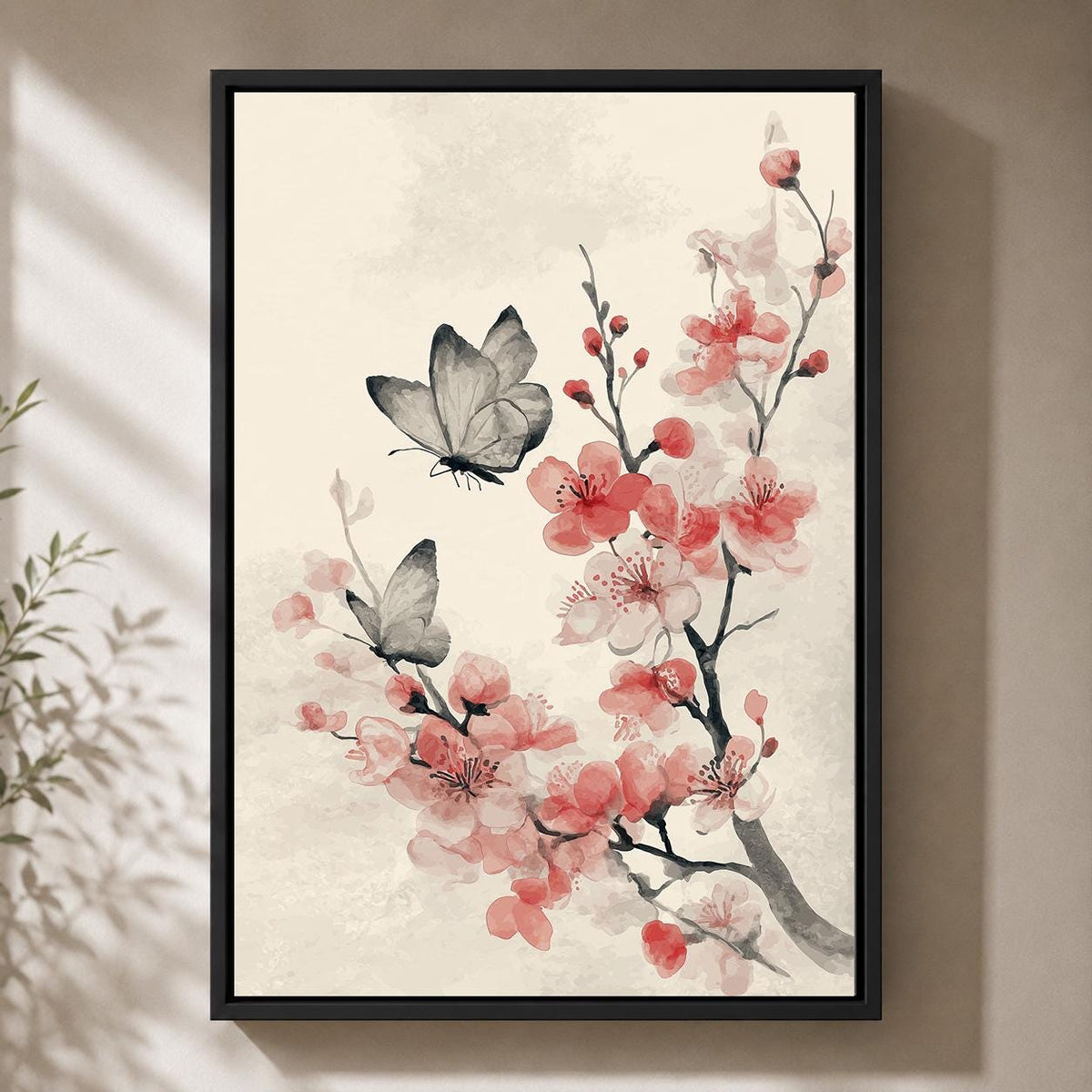 Cherry Blossom Butterfly Framed Canvas, Japandi Floral Wall Art, Soft Pink Asian Decor by The Wall Art Studio - physical