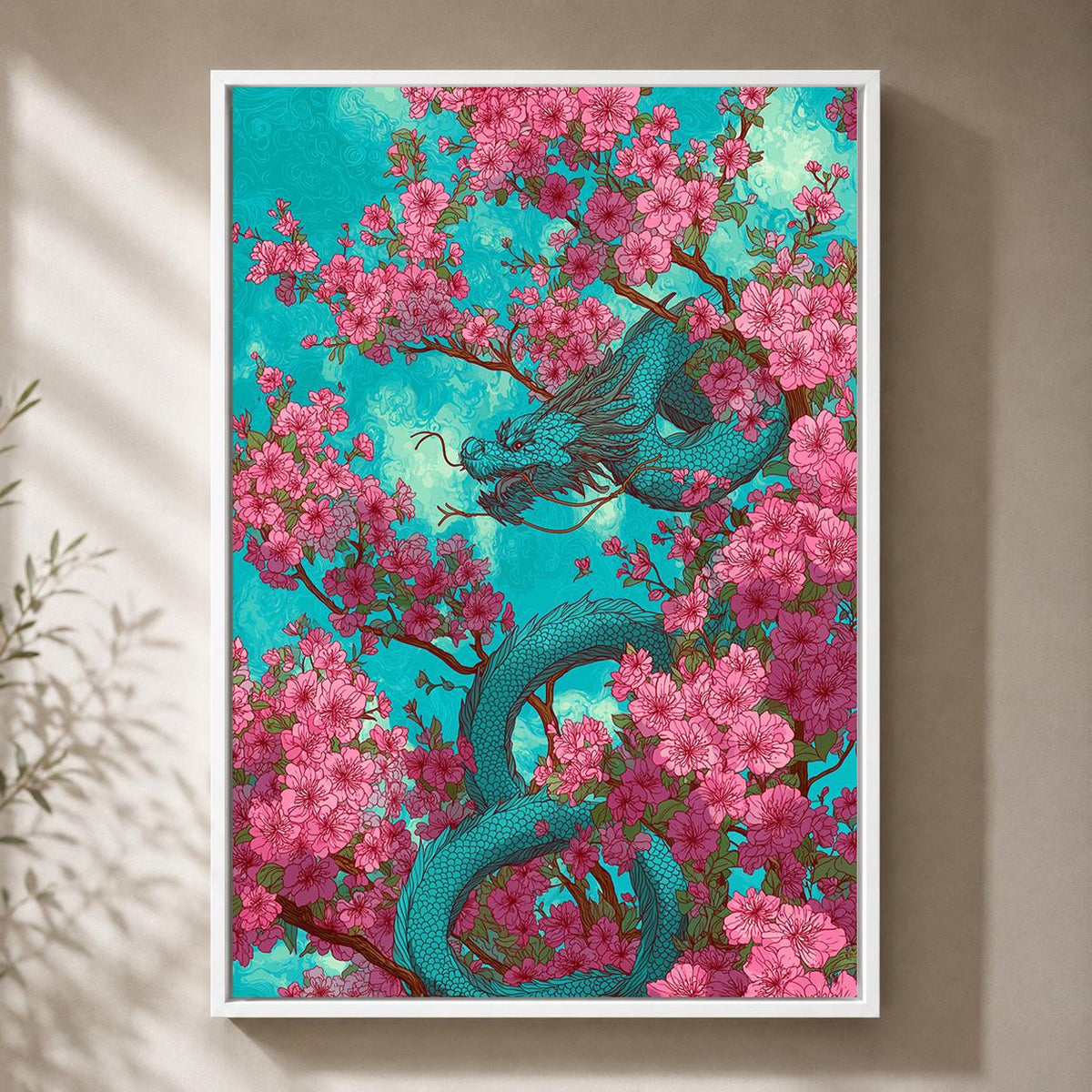 Cherry Blossom Dragon Framed Canvas Art, Japanese Sakura Fantasy Decor by The Wall Art Studio - physical