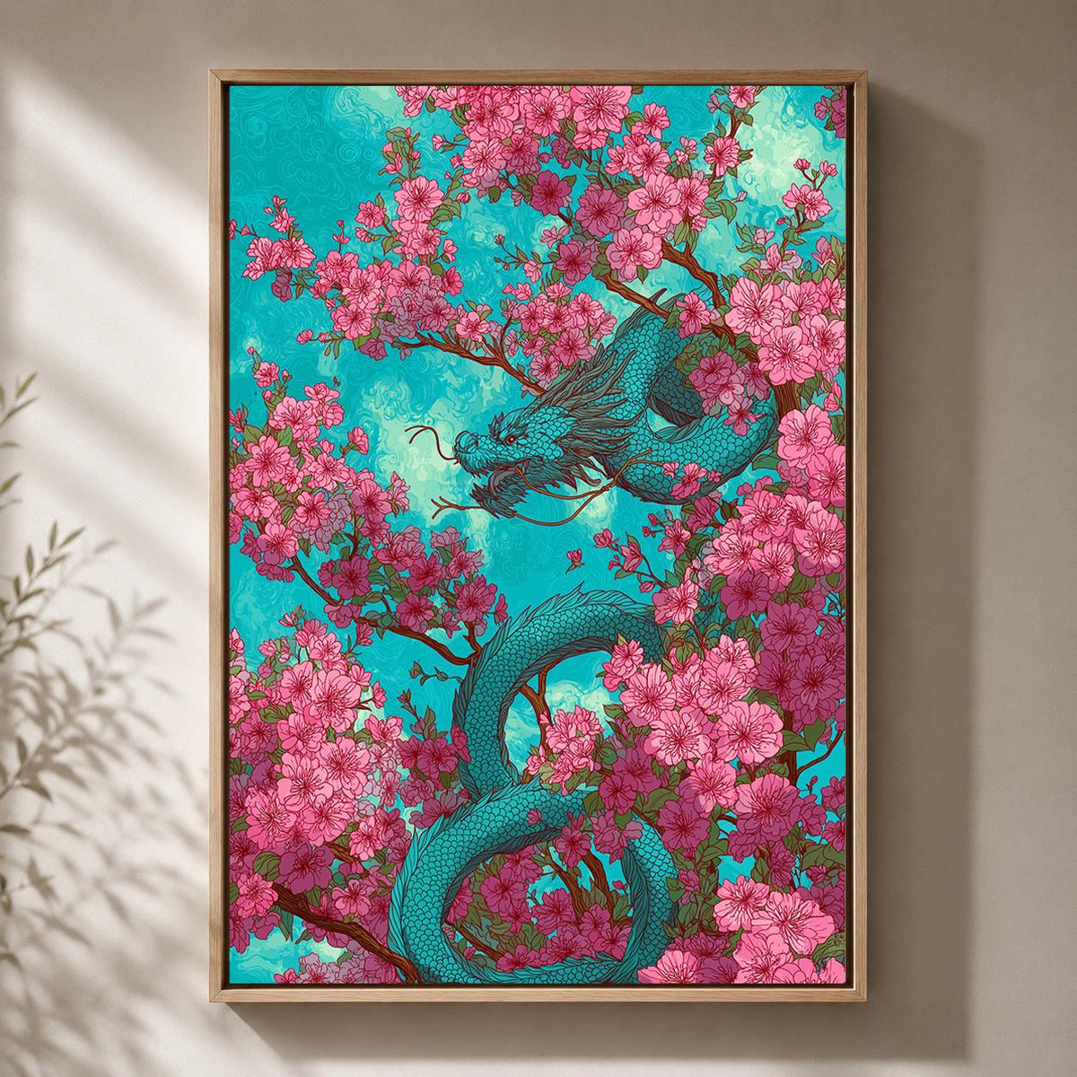 Cherry Blossom Dragon Framed Canvas Art, Japanese Sakura Fantasy Decor by The Wall Art Studio - physical