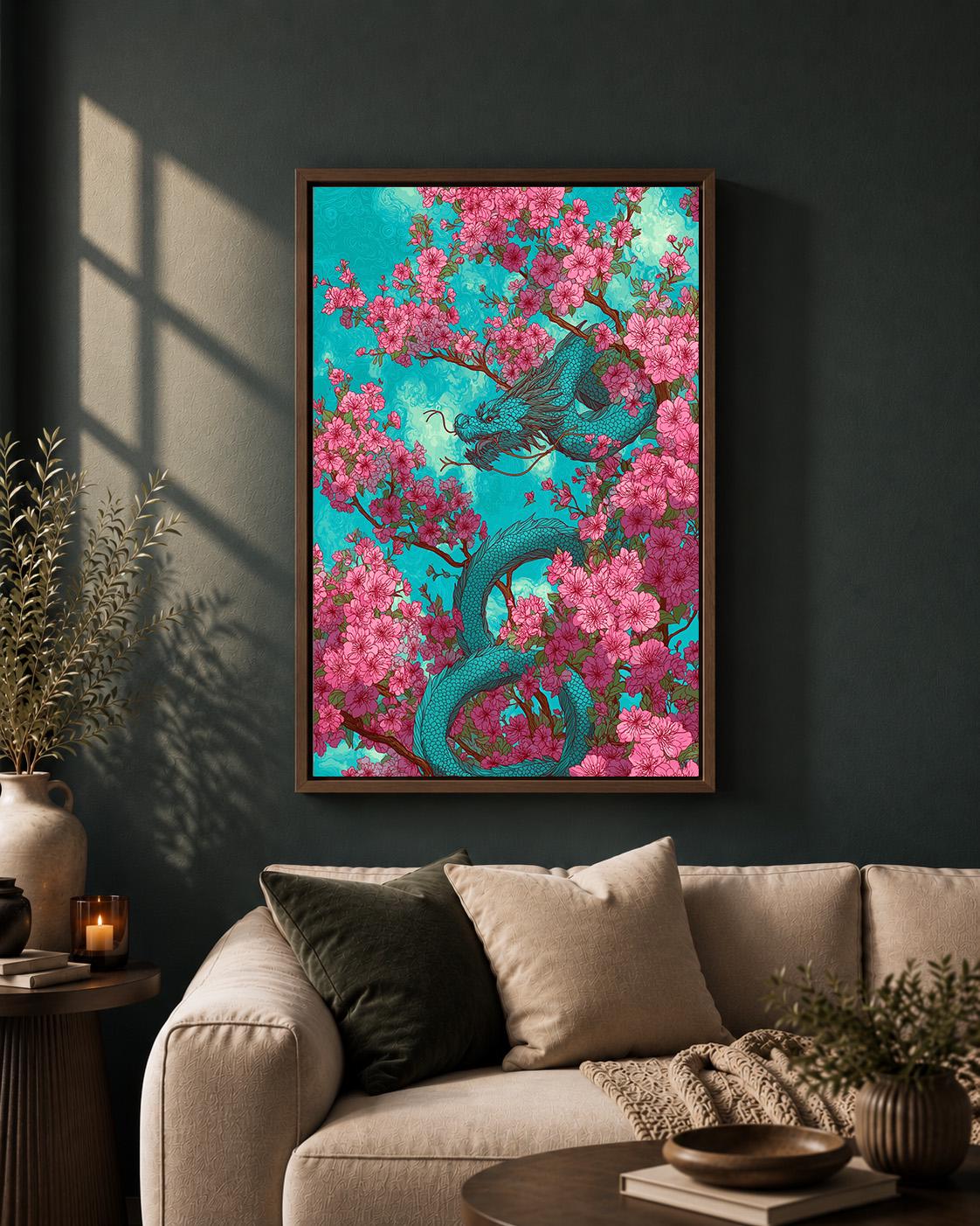 Cherry Blossom Dragon Framed Canvas Art, Japanese Sakura Fantasy Decor by The Wall Art Studio - physical