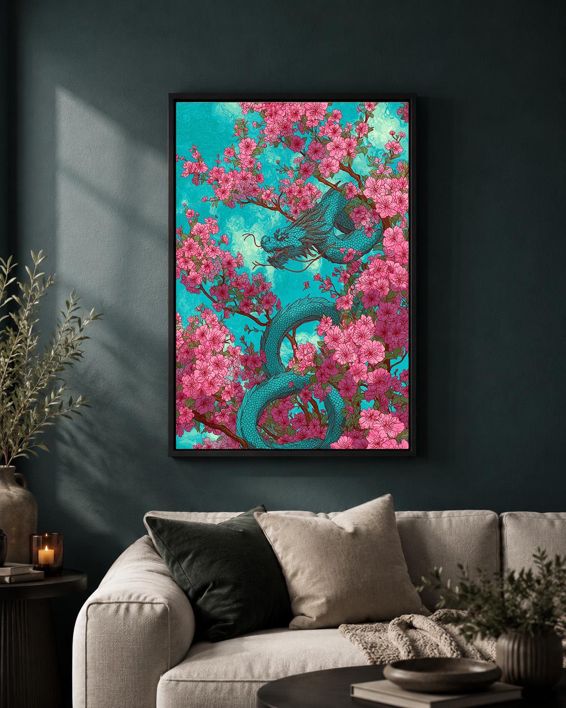 Cherry Blossom Dragon Framed Canvas Art, Japanese Sakura Fantasy Decor by The Wall Art Studio - physical