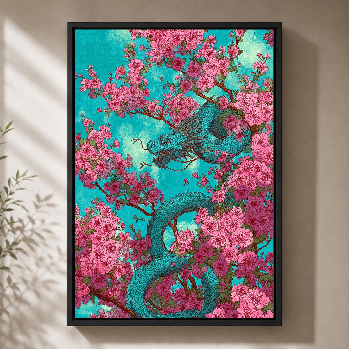 Cherry Blossom Dragon Framed Canvas Art, Japanese Sakura Fantasy Decor by The Wall Art Studio - physical