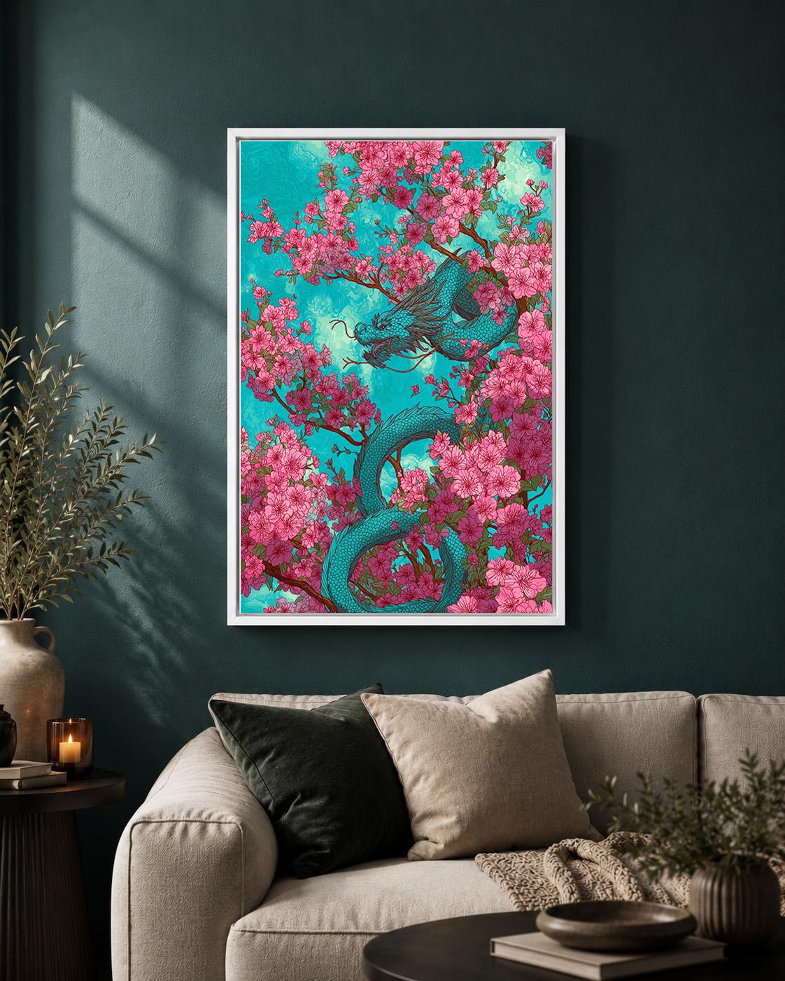 Cherry Blossom Dragon Framed Canvas Art, Japanese Sakura Fantasy Decor by The Wall Art Studio - physical