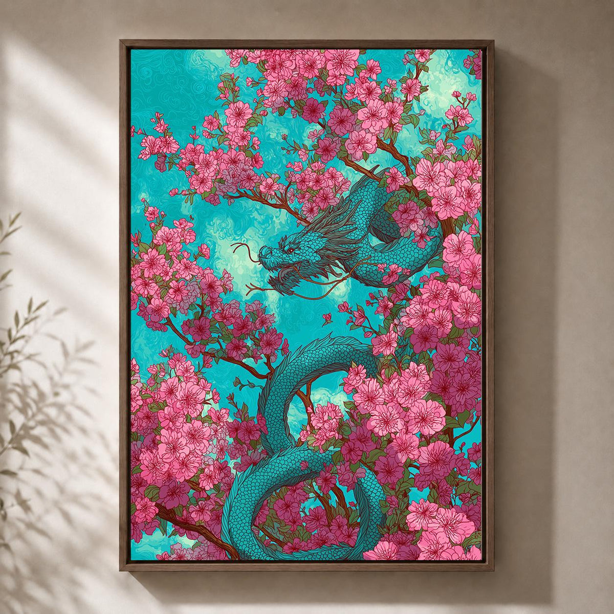 Cherry Blossom Dragon Framed Canvas Art, Japanese Sakura Fantasy Decor by The Wall Art Studio - physical