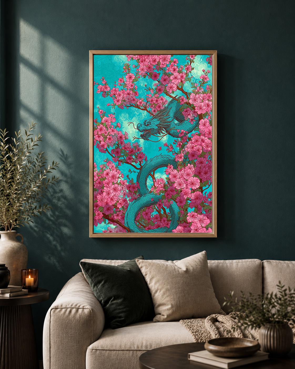 Cherry Blossom Dragon Framed Canvas Art, Japanese Sakura Fantasy Decor by The Wall Art Studio - physical