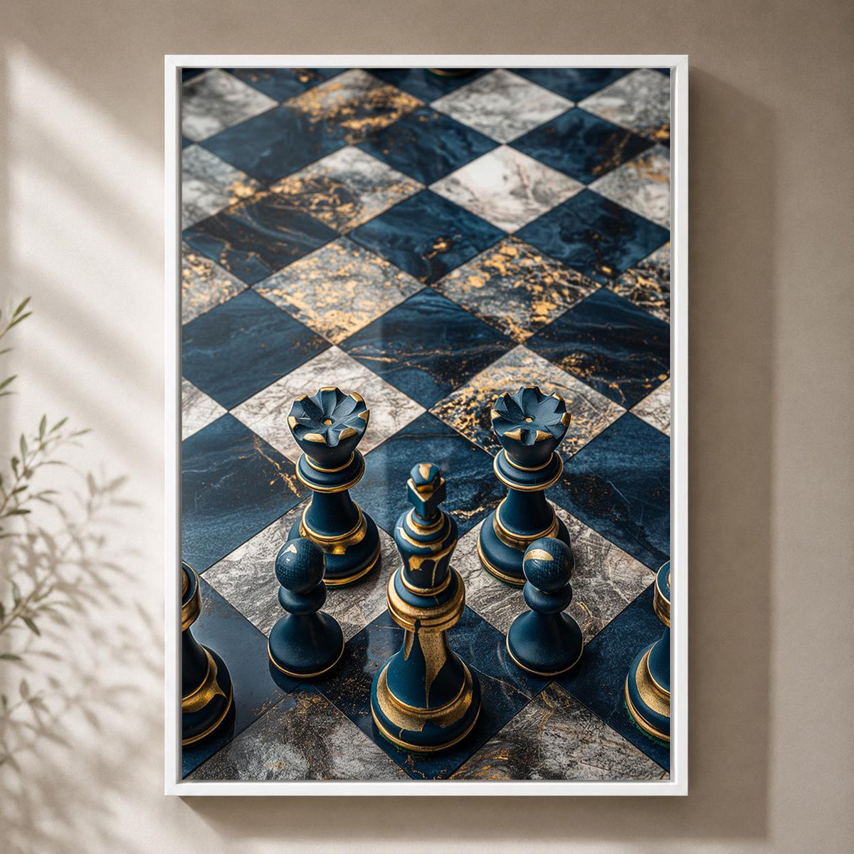 Chess Board Framed Canvas Art, Blue Gold Print, Masculine Office Decor by The Wall Art Studio - physical