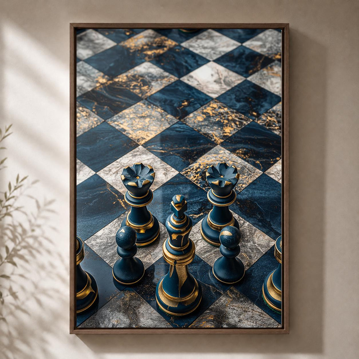Chess Board Framed Canvas Art, Blue Gold Print, Masculine Office Decor by The Wall Art Studio - physical