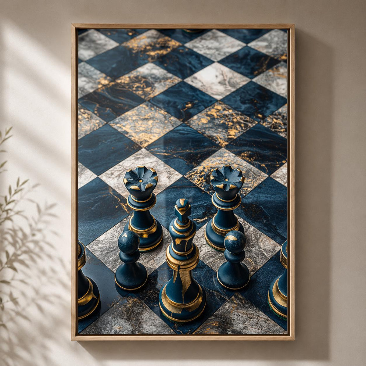 Chess Board Framed Canvas Art, Blue Gold Print, Masculine Office Decor by The Wall Art Studio - physical