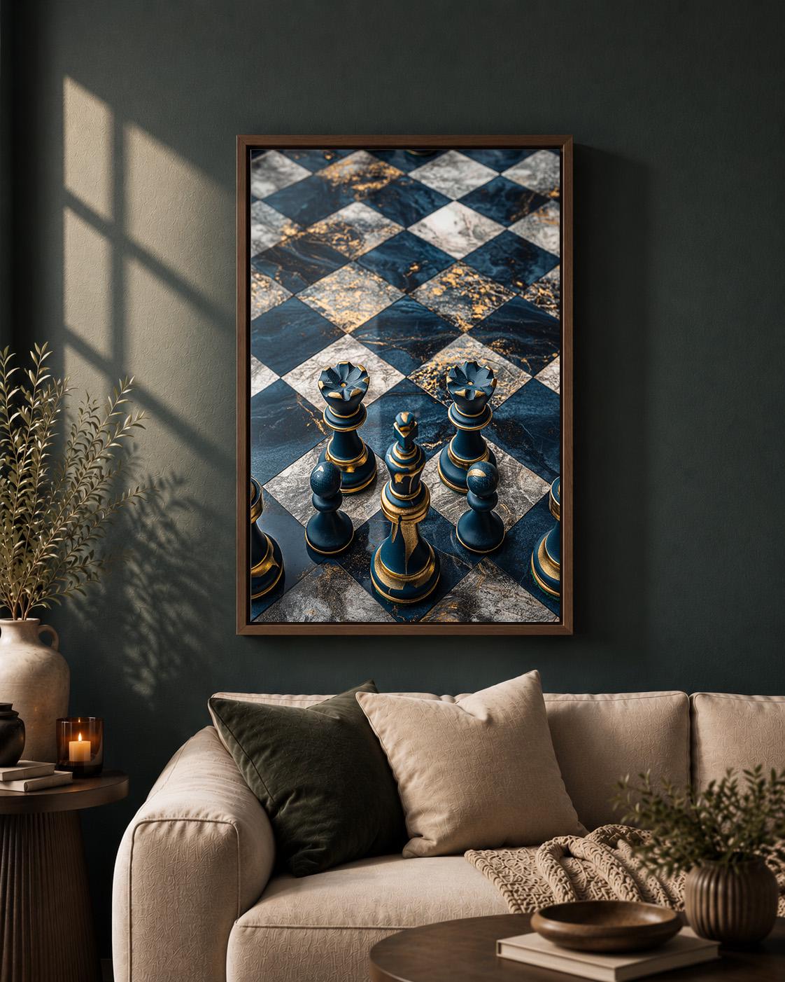 Chess Board Framed Canvas Art, Blue Gold Print, Masculine Office Decor by The Wall Art Studio - physical