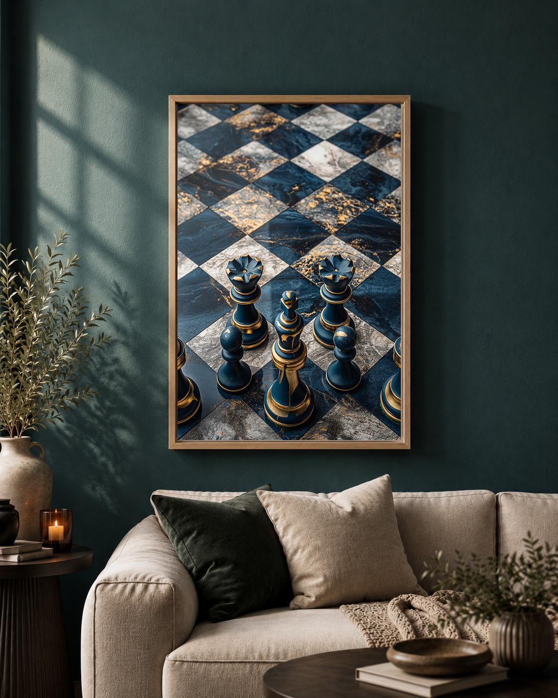Chess Board Framed Canvas Art, Blue Gold Print, Masculine Office Decor by The Wall Art Studio - physical