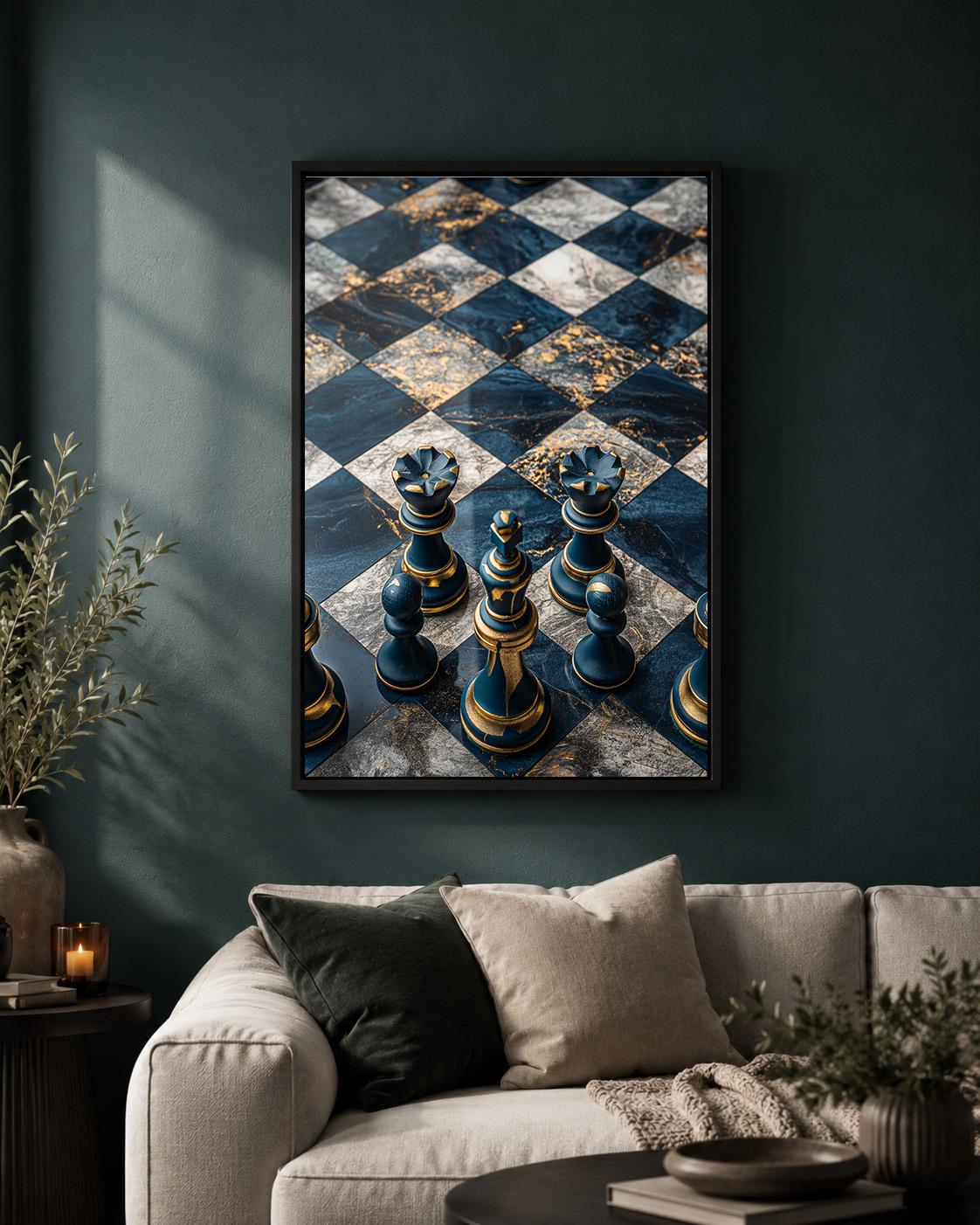 Chess Board Framed Canvas Art, Blue Gold Print, Masculine Office Decor by The Wall Art Studio - physical