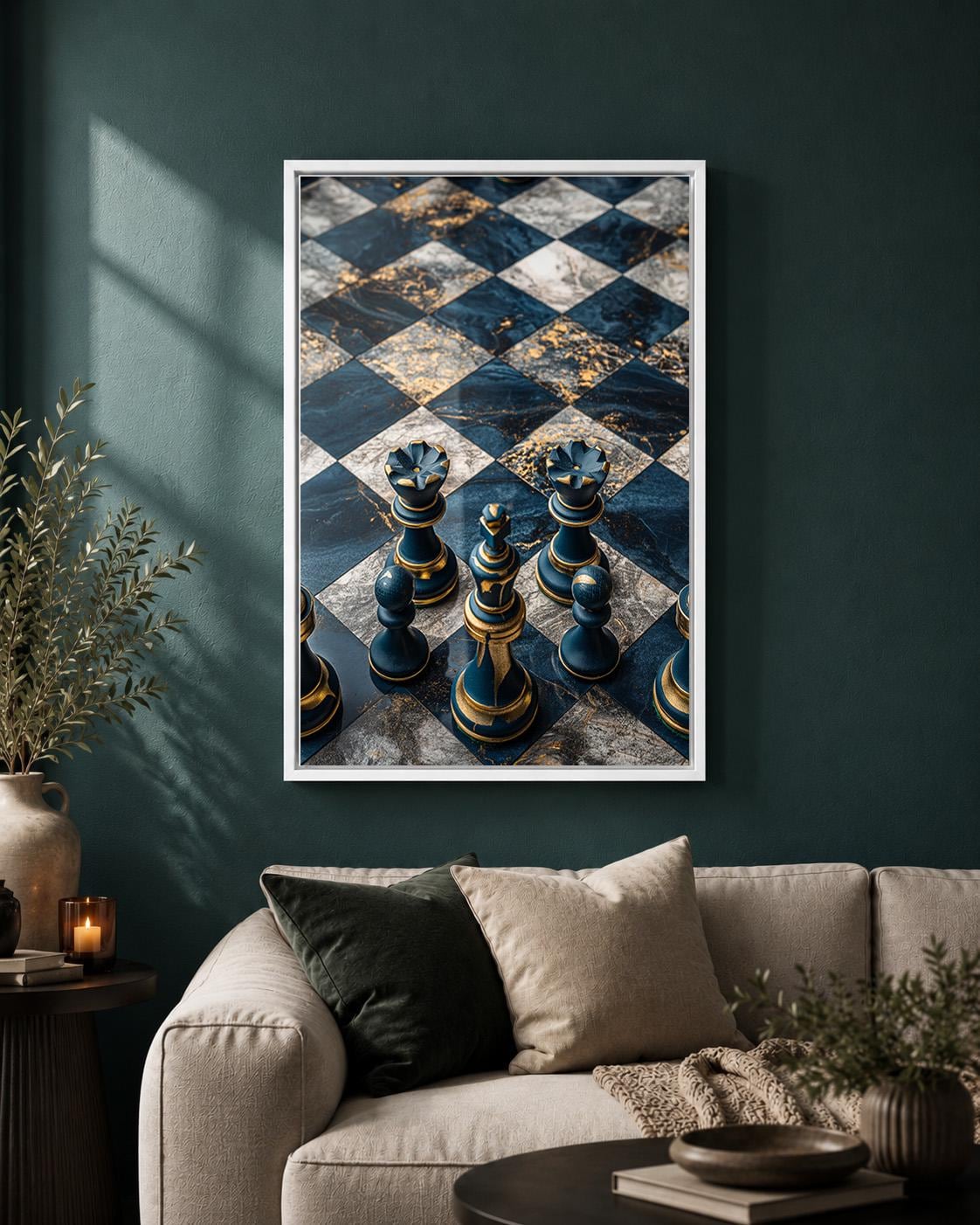 Chess Board Framed Canvas Art, Blue Gold Print, Masculine Office Decor by The Wall Art Studio - physical