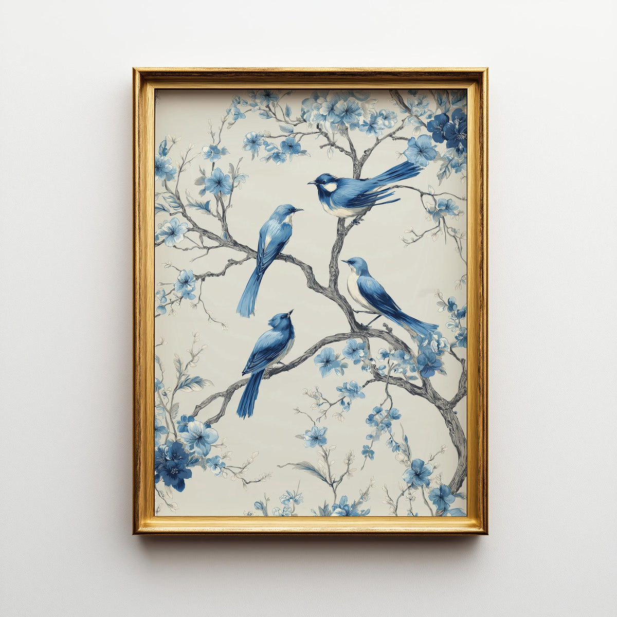 Chinoiserie Bird Print, Blue Floral Botanical Wall Art, Asian Inspired Decor by The Wall Art Studio - physical
