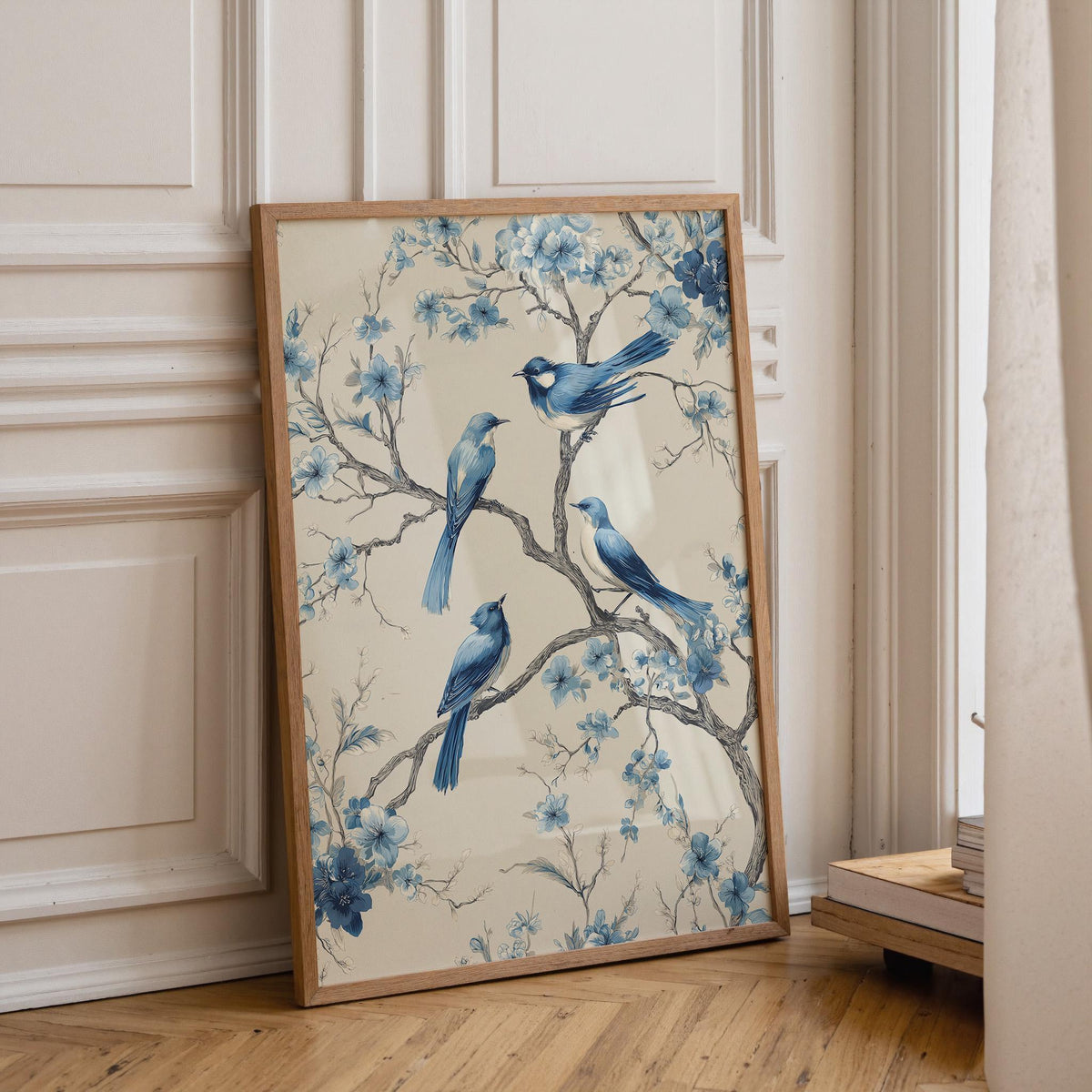 Chinoiserie Bird Print, Blue Floral Botanical Wall Art, Asian Inspired Decor by The Wall Art Studio - physical