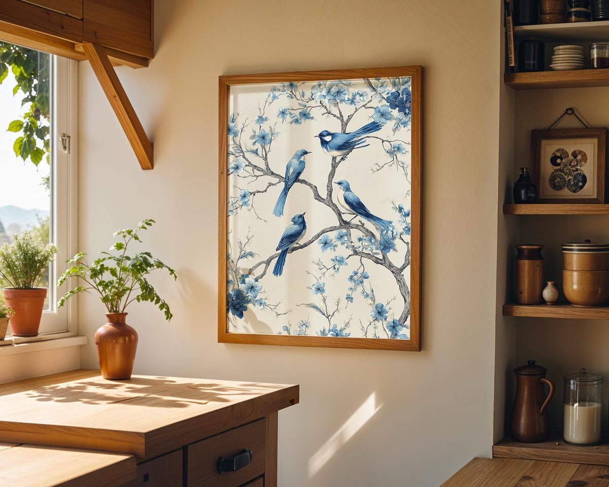 Chinoiserie Bird Print, Blue Floral Botanical Wall Art, Asian Inspired Decor by The Wall Art Studio - physical