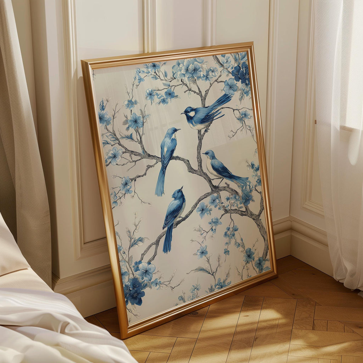 Chinoiserie Bird Print, Blue Floral Botanical Wall Art, Asian Inspired Decor by The Wall Art Studio - physical