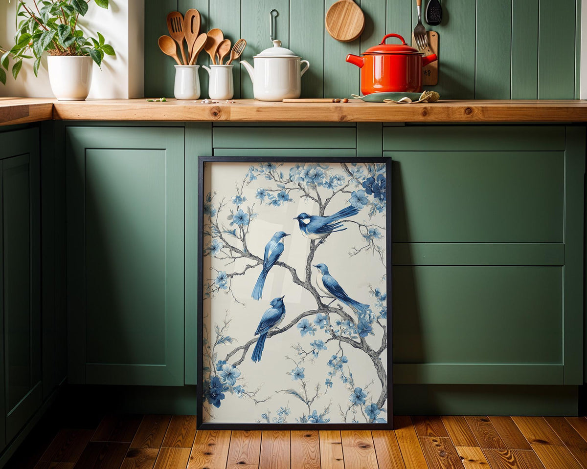 Chinoiserie Bird Print, Blue Floral Botanical Wall Art, Asian Inspired Decor by The Wall Art Studio - physical