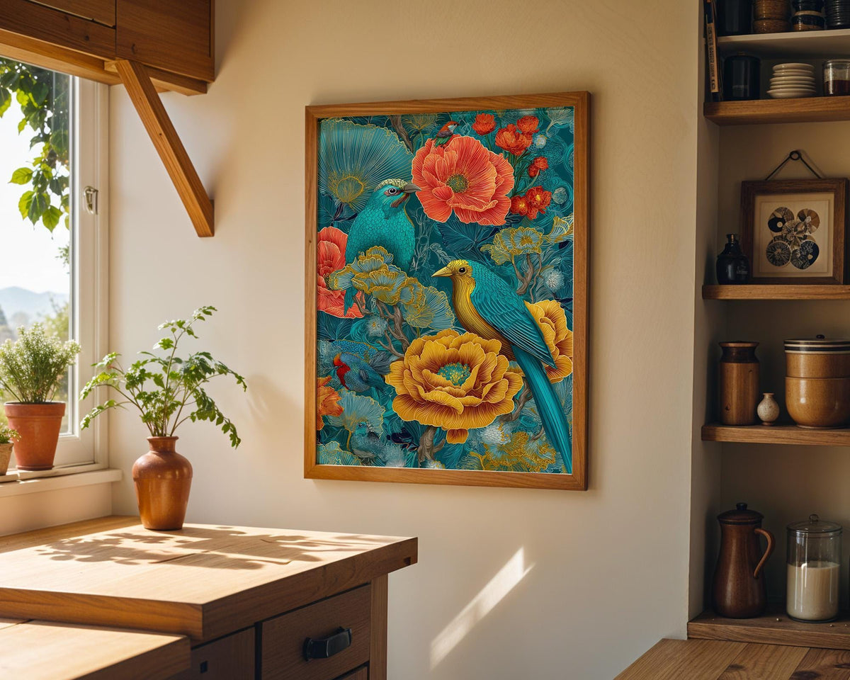 Chinoiserie Bird Print, Maximalist Floral Botanical Wall Art, Teal Pink Asian Decor by The Wall Art Studio - physical