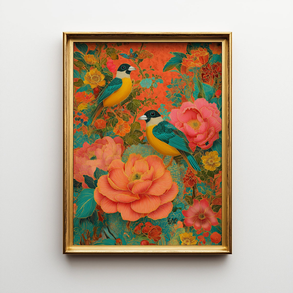 Chinoiserie Bird Print, Maximalist Floral Botanical Wall Art, Teal Pink Asian Decor by The Wall Art Studio - physical