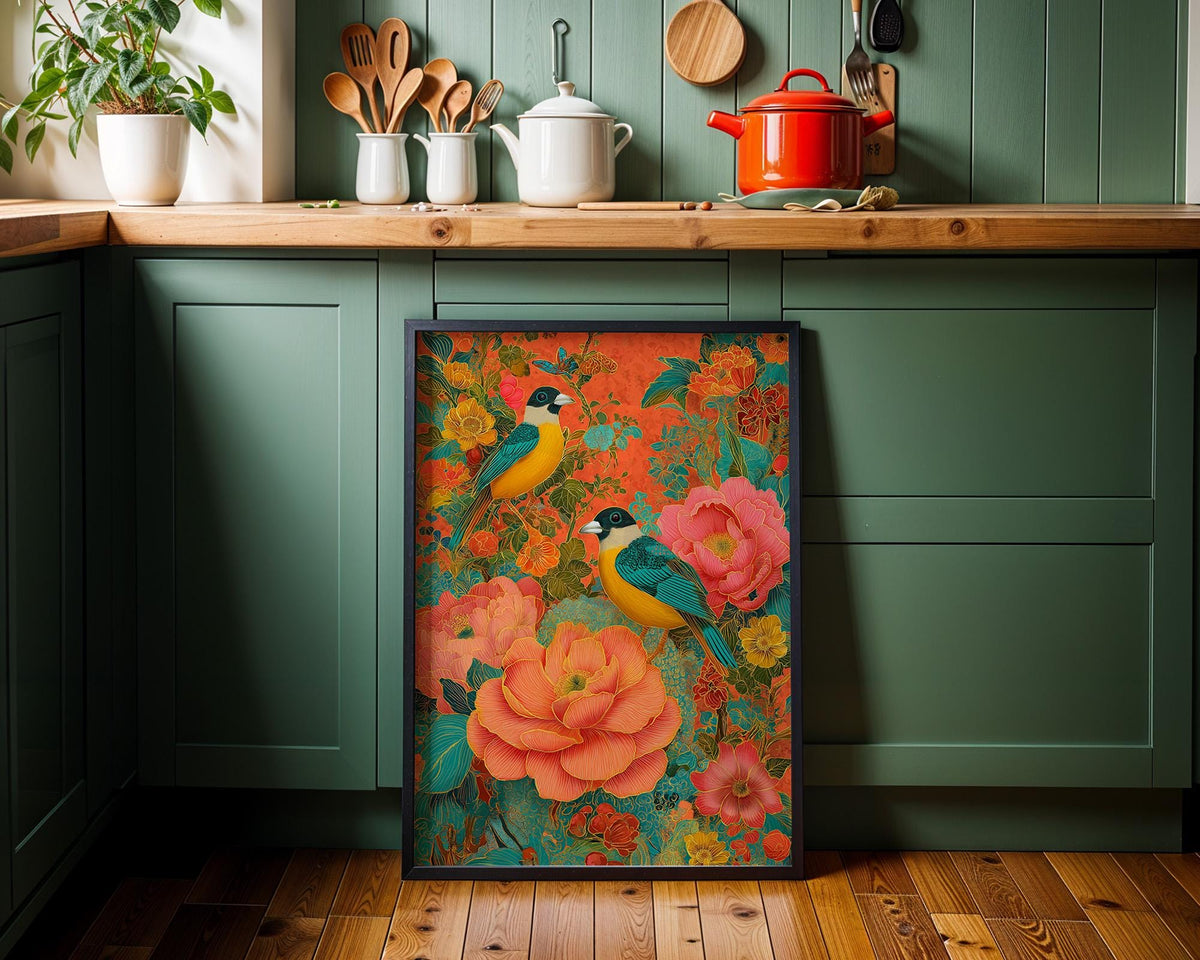 Chinoiserie Bird Print, Maximalist Floral Botanical Wall Art, Teal Pink Asian Decor by The Wall Art Studio - physical