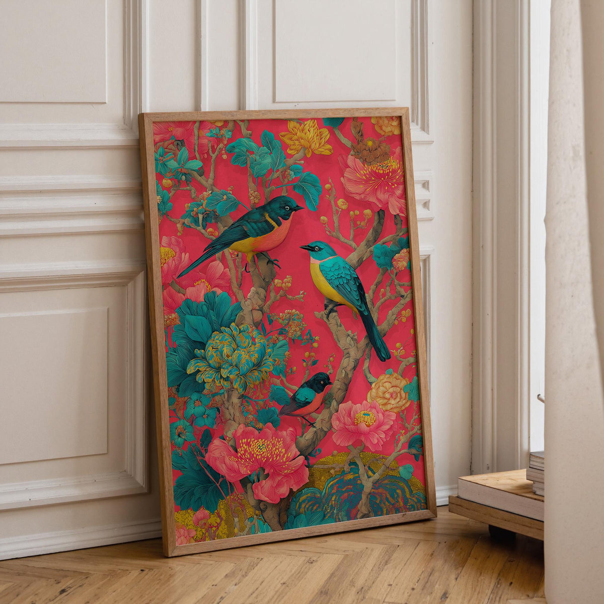 Chinoiserie Bird Print, Maximalist Floral Botanical Wall Art, Teal Pink Asian Decor by The Wall Art Studio - physical
