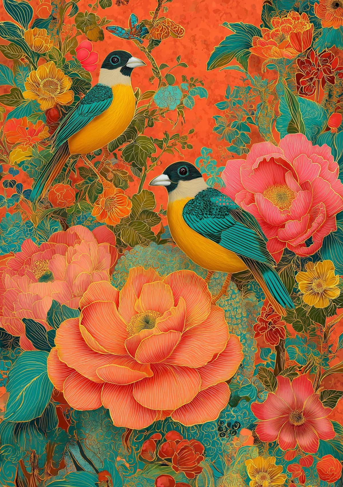 Chinoiserie Bird Print, Maximalist Floral Botanical Wall Art, Teal Pink Asian Decor by The Wall Art Studio - physical