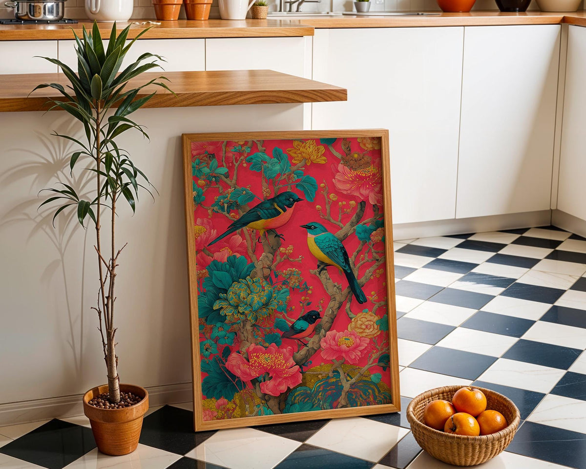 Chinoiserie Bird Print, Maximalist Floral Botanical Wall Art, Teal Pink Asian Decor by The Wall Art Studio - physical