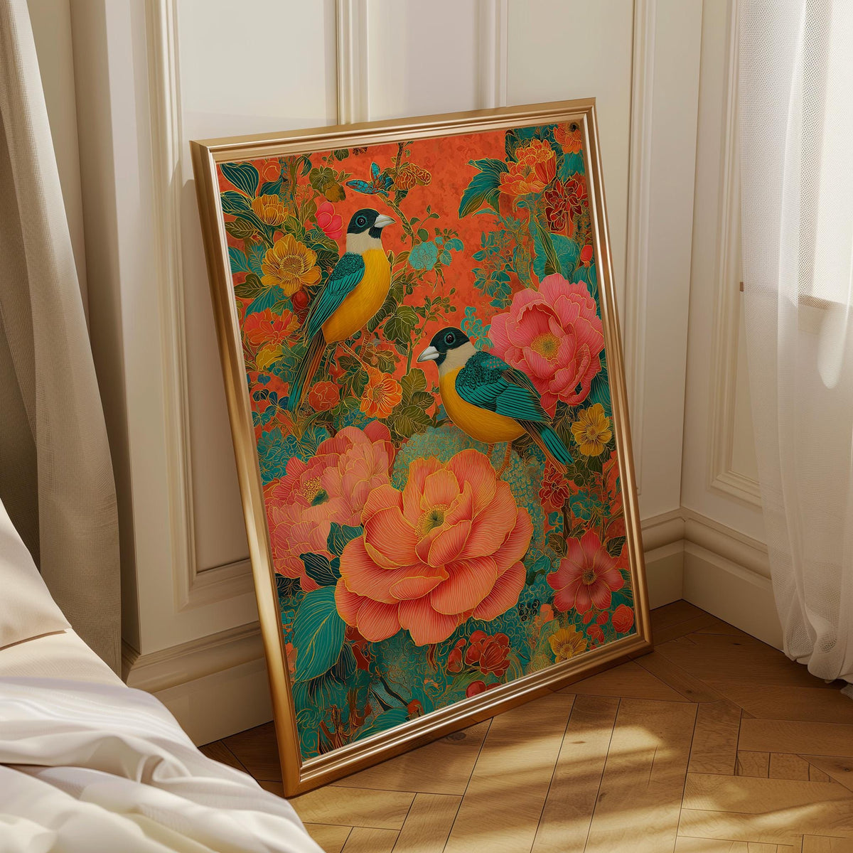 Chinoiserie Bird Print, Maximalist Floral Botanical Wall Art, Teal Pink Asian Decor by The Wall Art Studio - physical