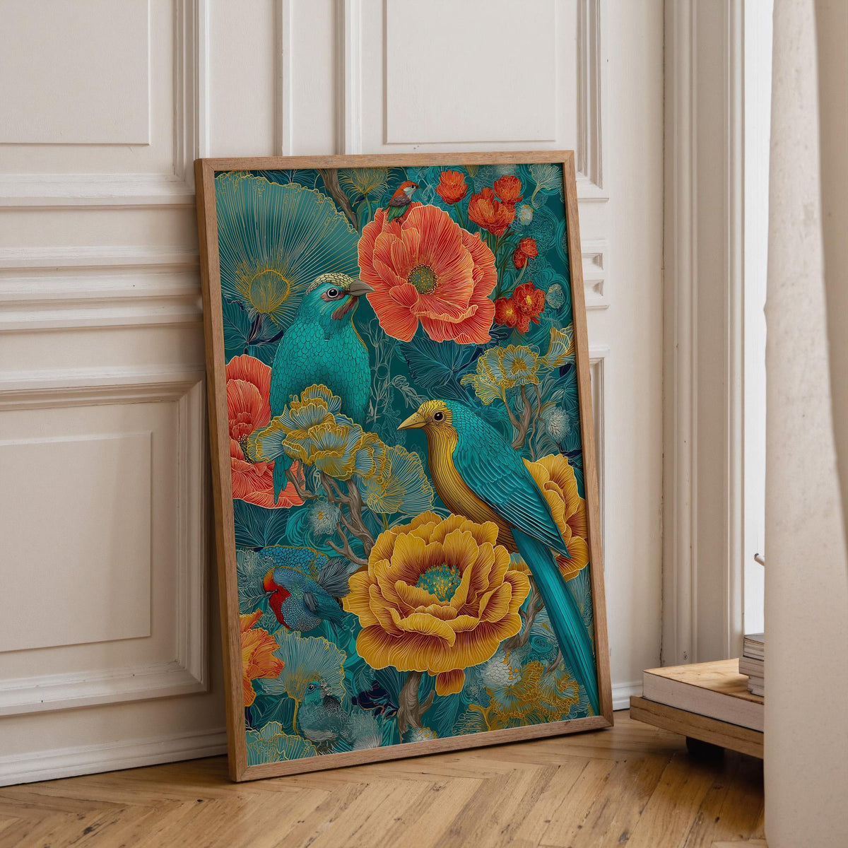 Chinoiserie Bird Print, Maximalist Floral Botanical Wall Art, Teal Pink Asian Decor by The Wall Art Studio - physical