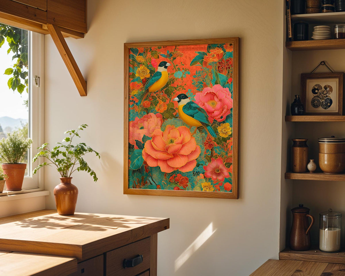 Chinoiserie Bird Print, Maximalist Floral Botanical Wall Art, Teal Pink Asian Decor by The Wall Art Studio - physical